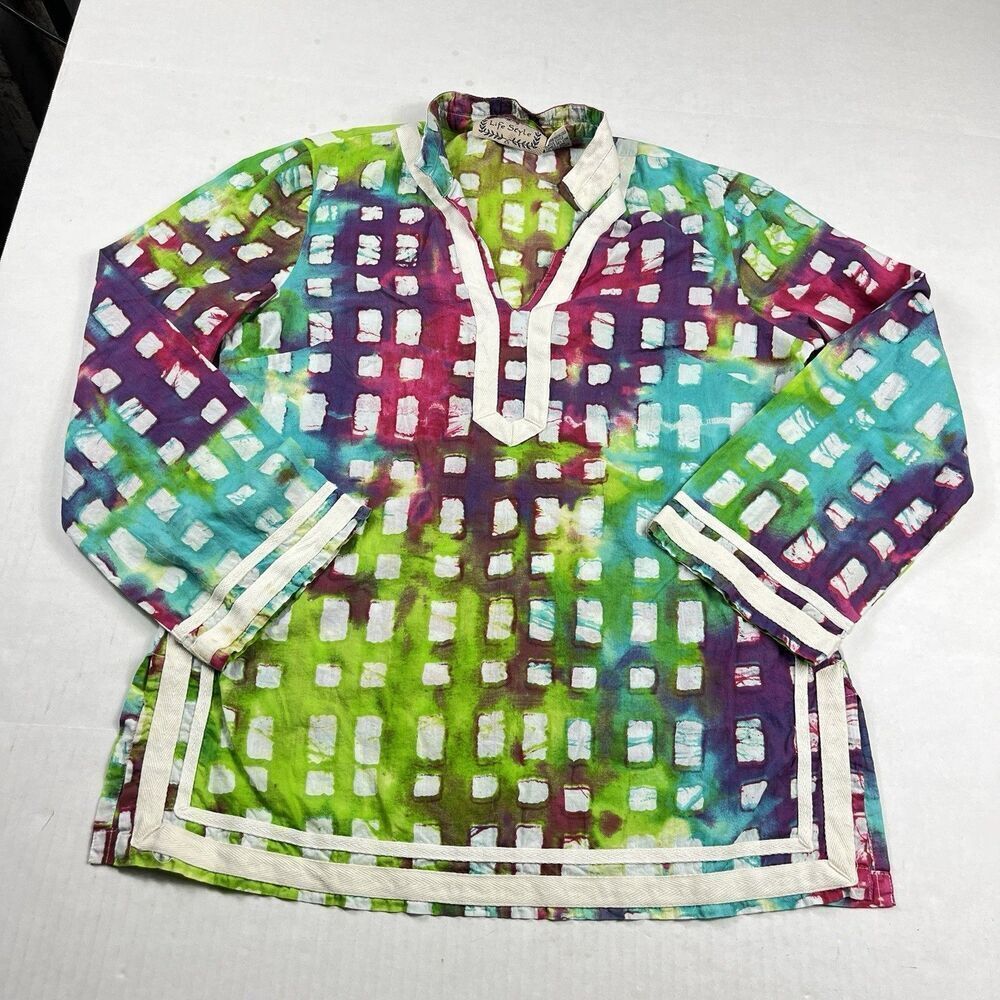 Lifestyle Womens Tunic Top Colorful Tie Dye 3/4 Sleeve Lightweight Small Shirt